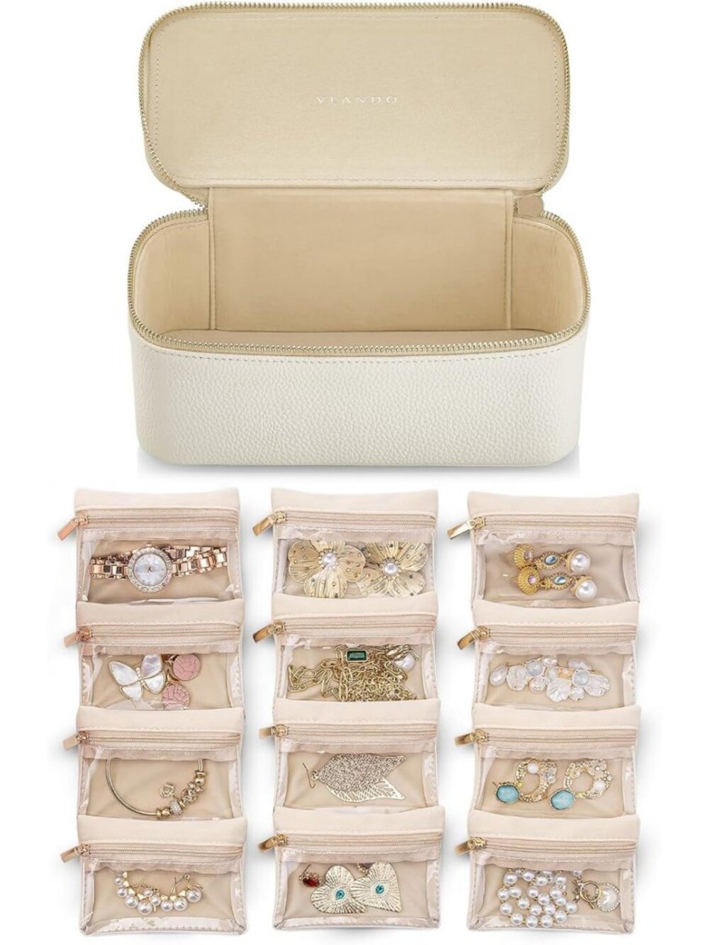 Travel Jewelry Organizer Case with 12 Velvet Pouches, Clear & Stylish Design